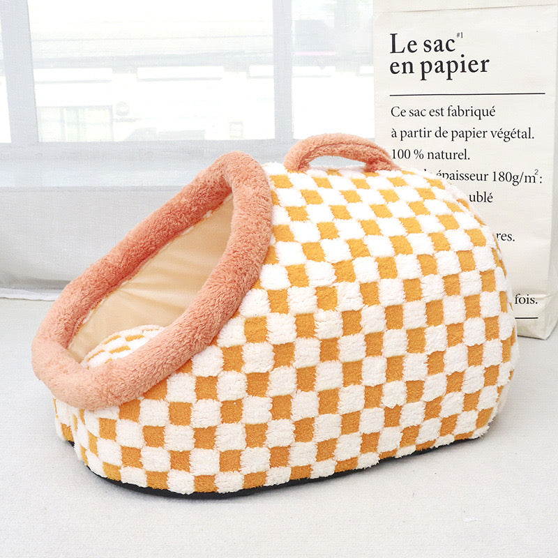 Cat Bed for Indoor Cats, Cozy Checkered Cat Cave Bed