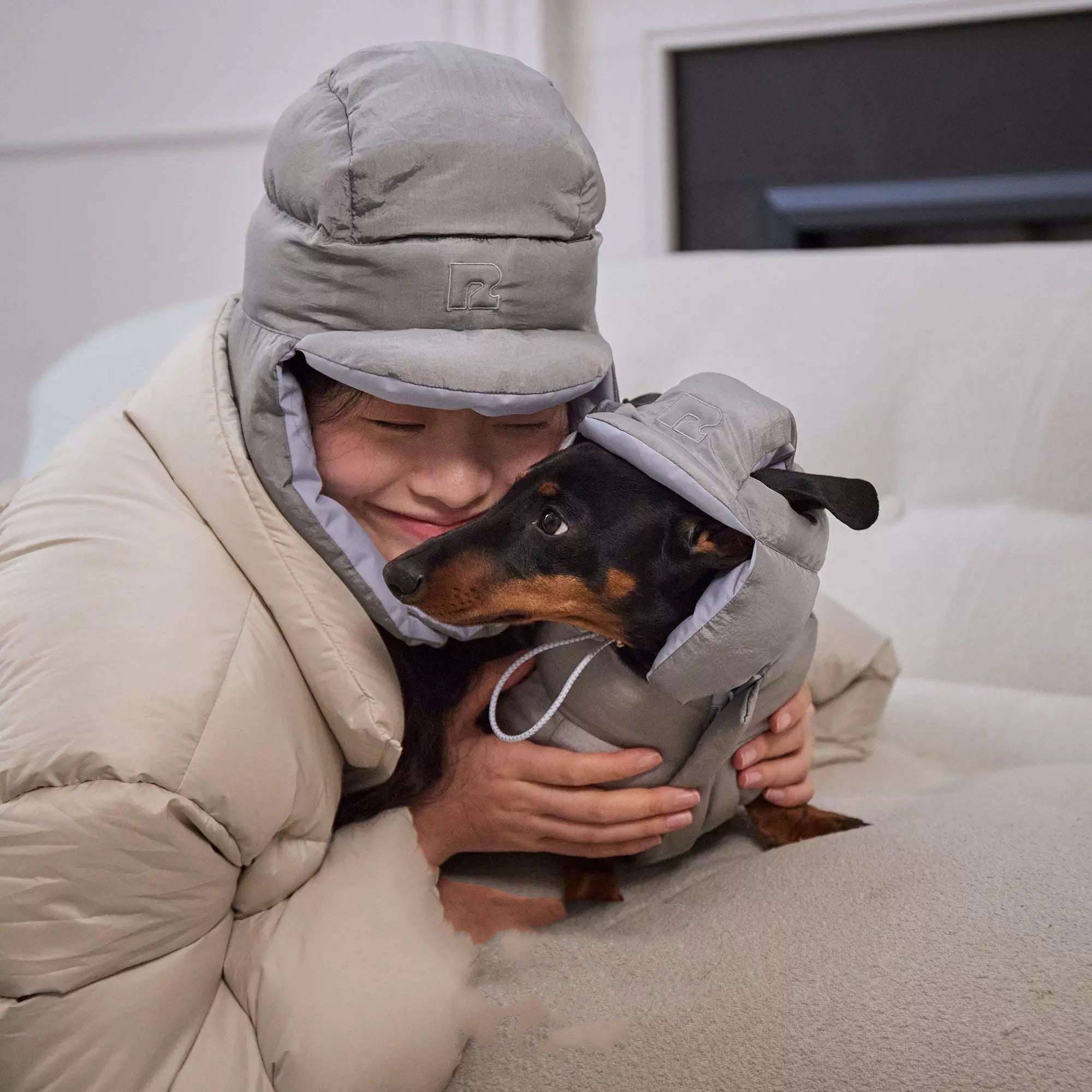 Reversible Dog Puffer down hat- Blue & Silver Design