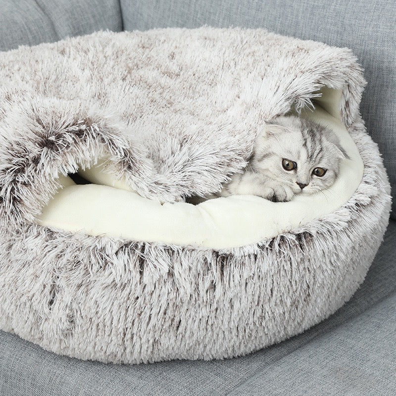 Calming Round Dog Beds &Cat Cave Bed with Hooded Cover