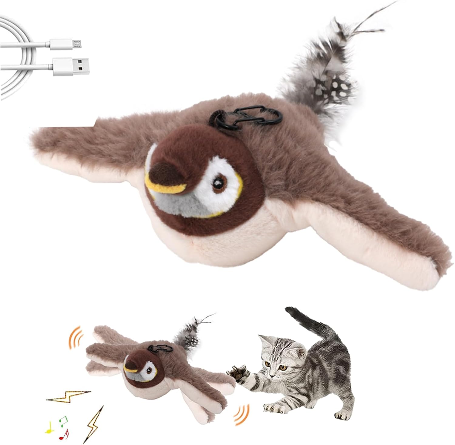 Rechargeable Flapping Bird Cat Toy – USB & Motion‐Activated Chirping Sparrow