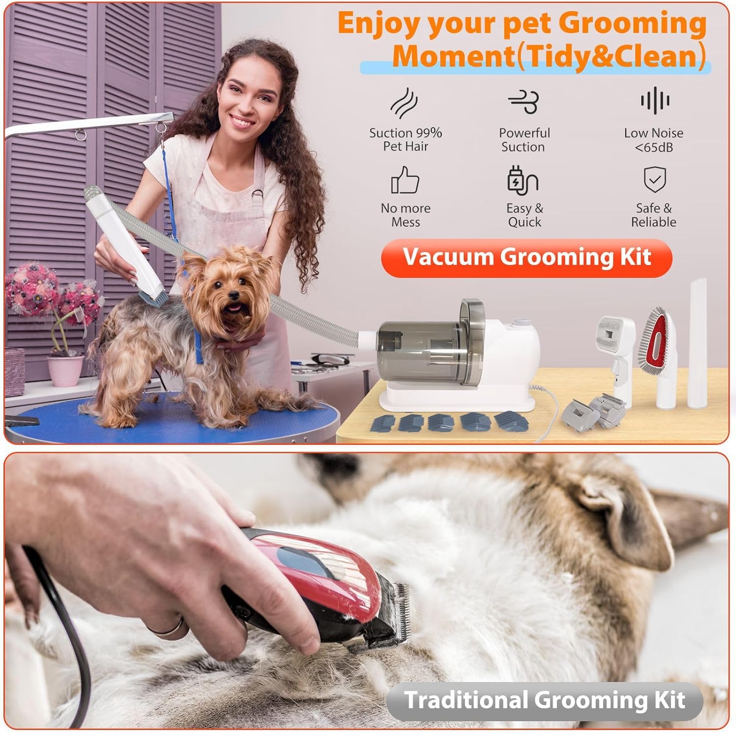 Pet Hair Vacuum & Grooming Kit, 2L Large Capacity for Shedding Grooming Hair