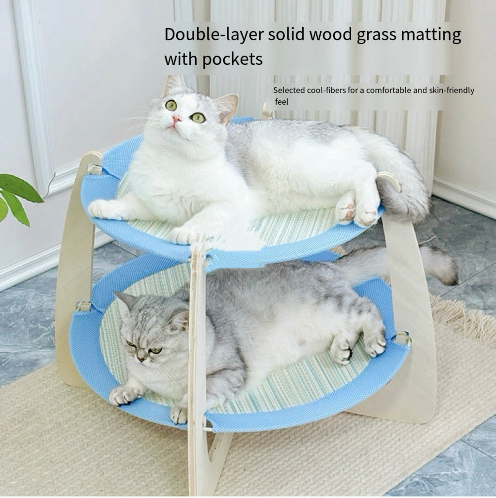 Double - layer Solid Wood Cat Hammock Bed with Rush Mat
