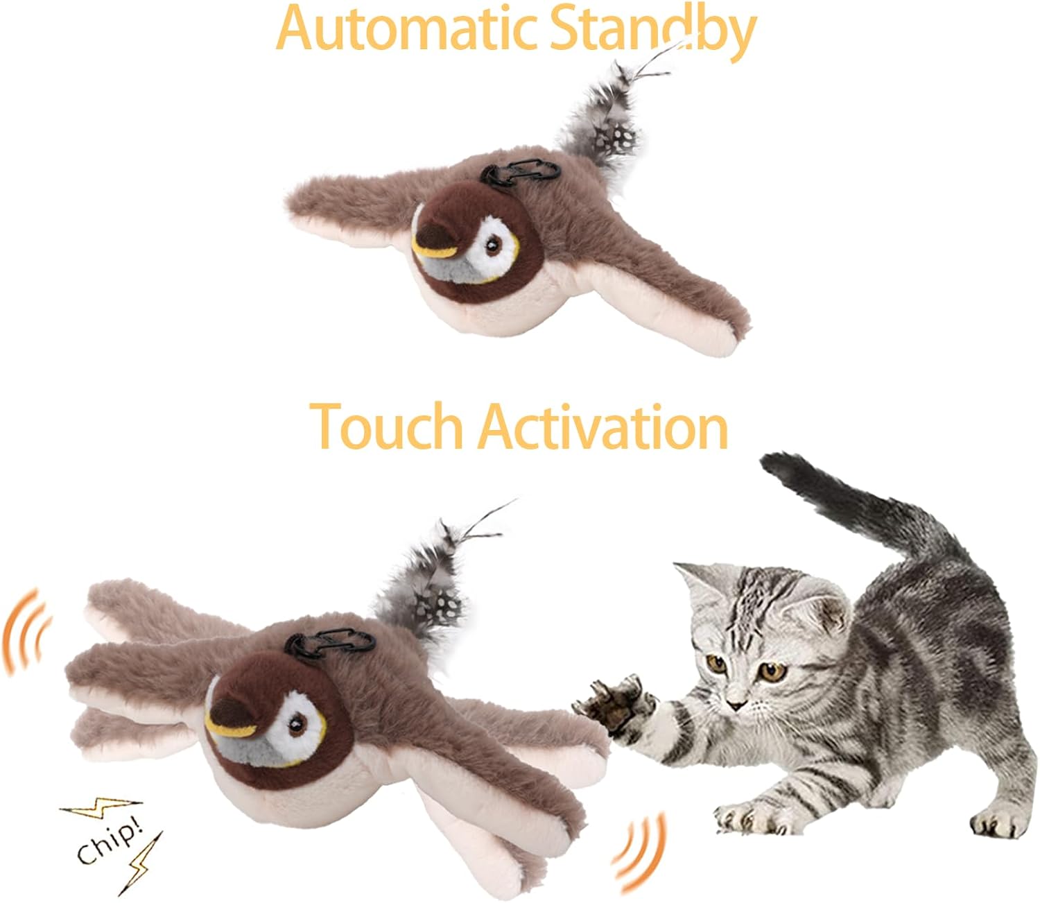 Rechargeable Flapping Bird Cat Toy – USB & Motion‐Activated Chirping Sparrow